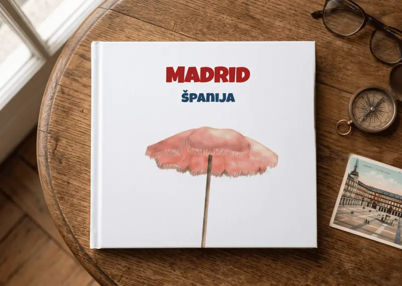 Premium foto album sa putovanja u Madrid, Španija, sa ilustracijom suncobrana