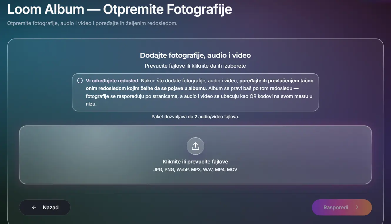 Ređanje fotografija i snimaka pre slaganja albuma